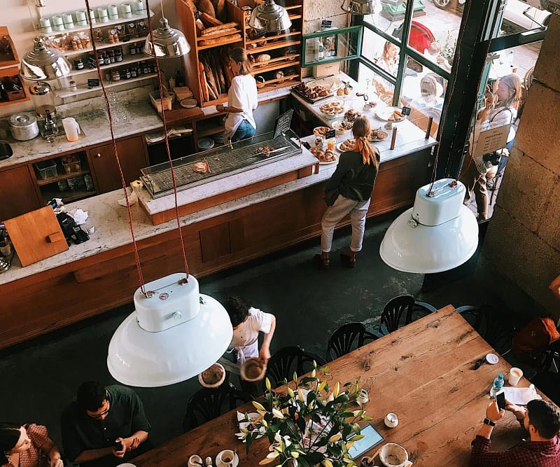a group of people in a restaurant
